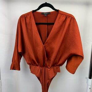 Forever 21 Rust Satin Wrap Bodysuit Top XS Going Out Night Out